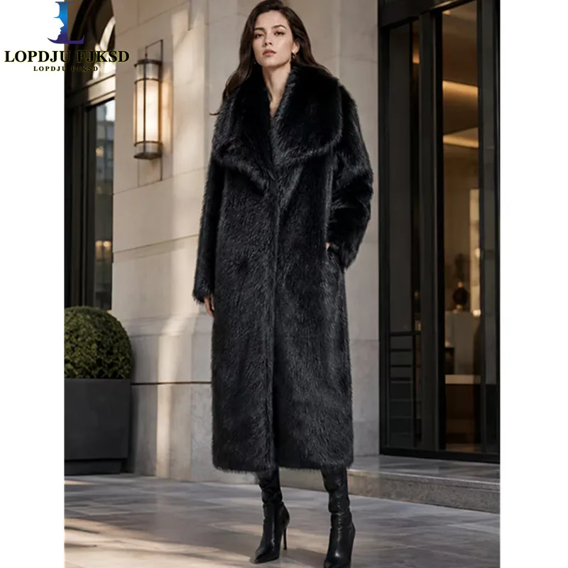 Faux Fox Fur Coat for Women,Covered Button Long Jacket,Turn-down Collar Outwear,Luxury,Autumn and Winter,2026