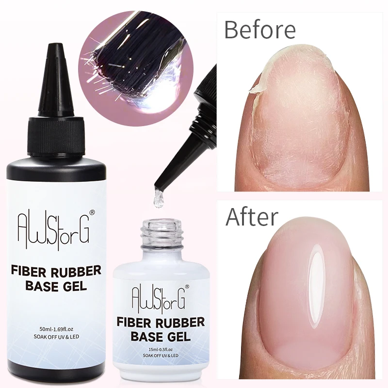 AWStorG 2 stks/set 50 ml Fiber Rubber Base Gel Super Top Coat Voor Gel Nagellak Basic Gereedschap Losweken UV Gel Polish Vernis Semi-pe