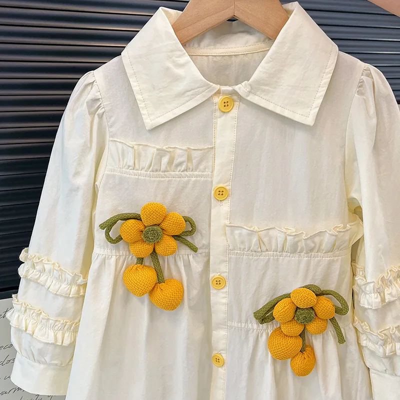 

Girls' Spring and Autumn New Shirt Mid-Length Dress Spring Puff Sleeve 3D Sunflower Princess Dress Children's Fashion