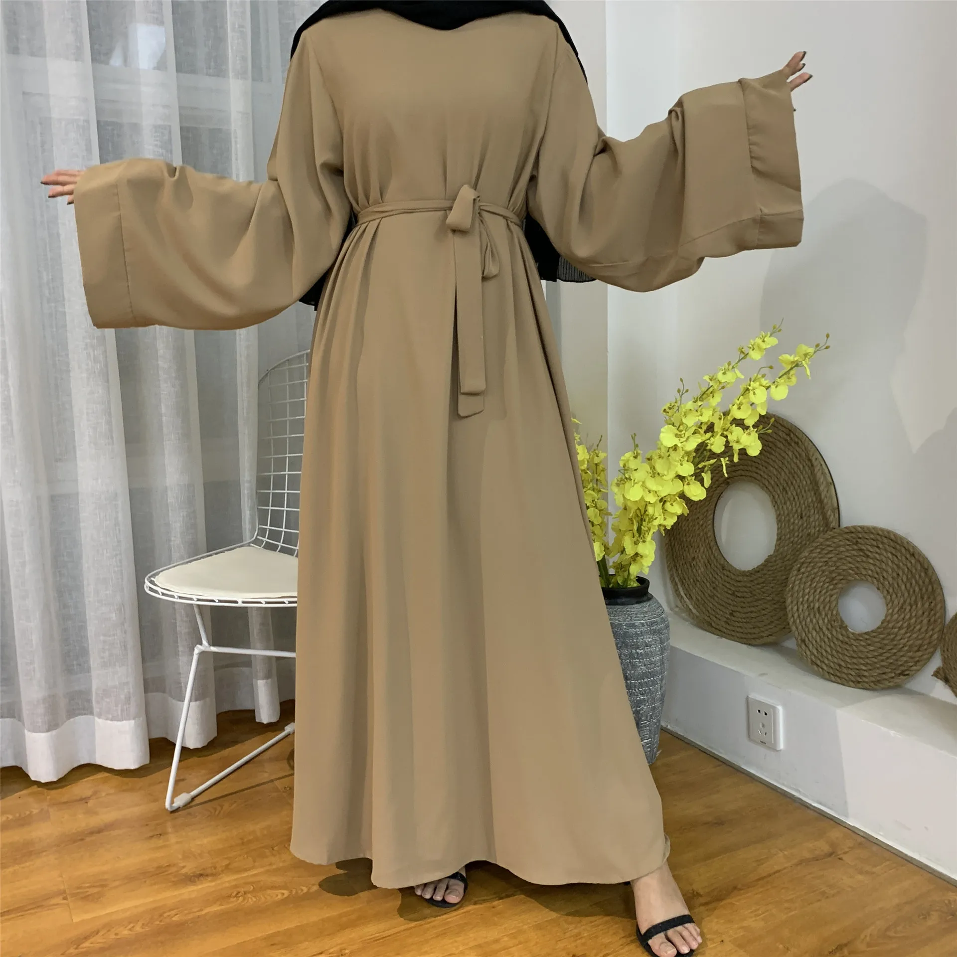 

Women's Muslim Long Sleeve Abaya with Zipper, Dubai Kaftan Robe, Elegant Abayas, Islam Party, Eid, Monochromatic