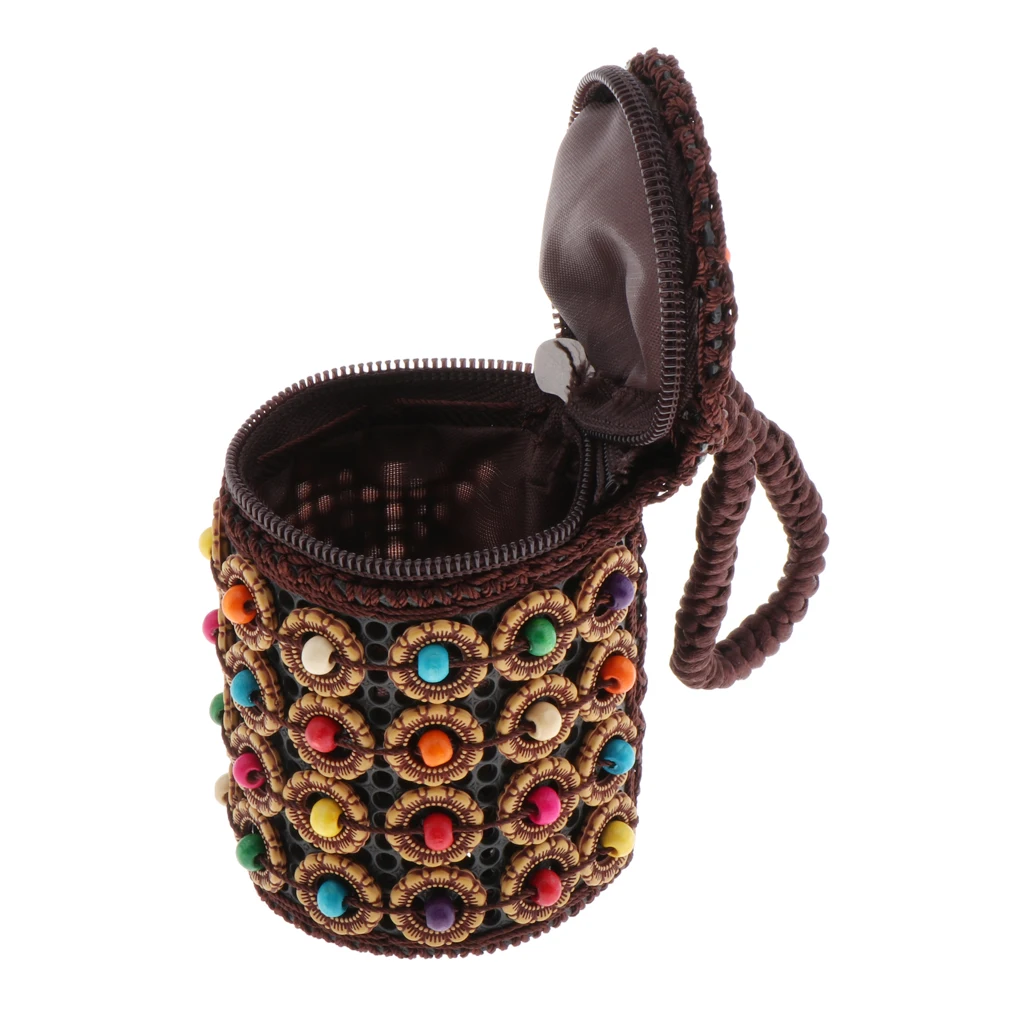 Handmade Bead Woven Cylinder Clutch Women Mini Wristlet Vintage Wood Plastic Bag for Daily Carry
