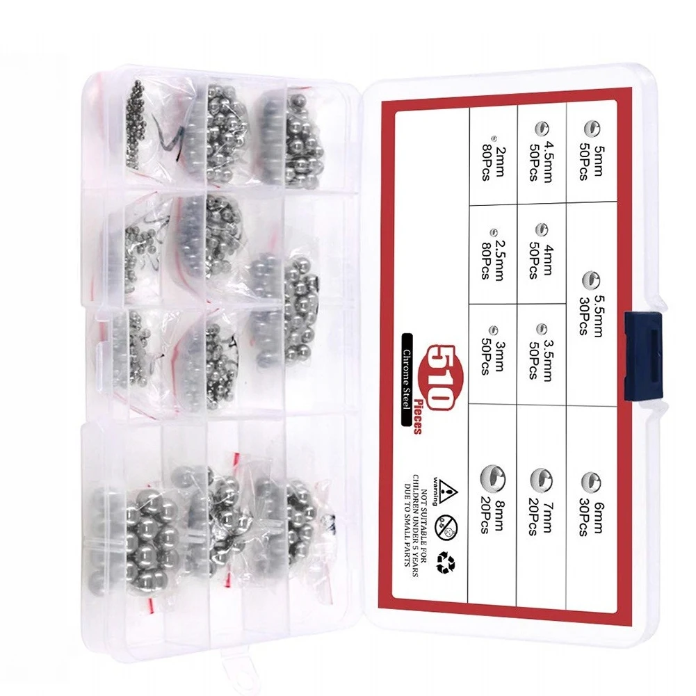 510PC Stainless Steel 304 Steel Ball 2 2.5 3 3.5 4 4.5 5 5.5 6 7 8mm  Assortment Precision Bearing Balls Accessories