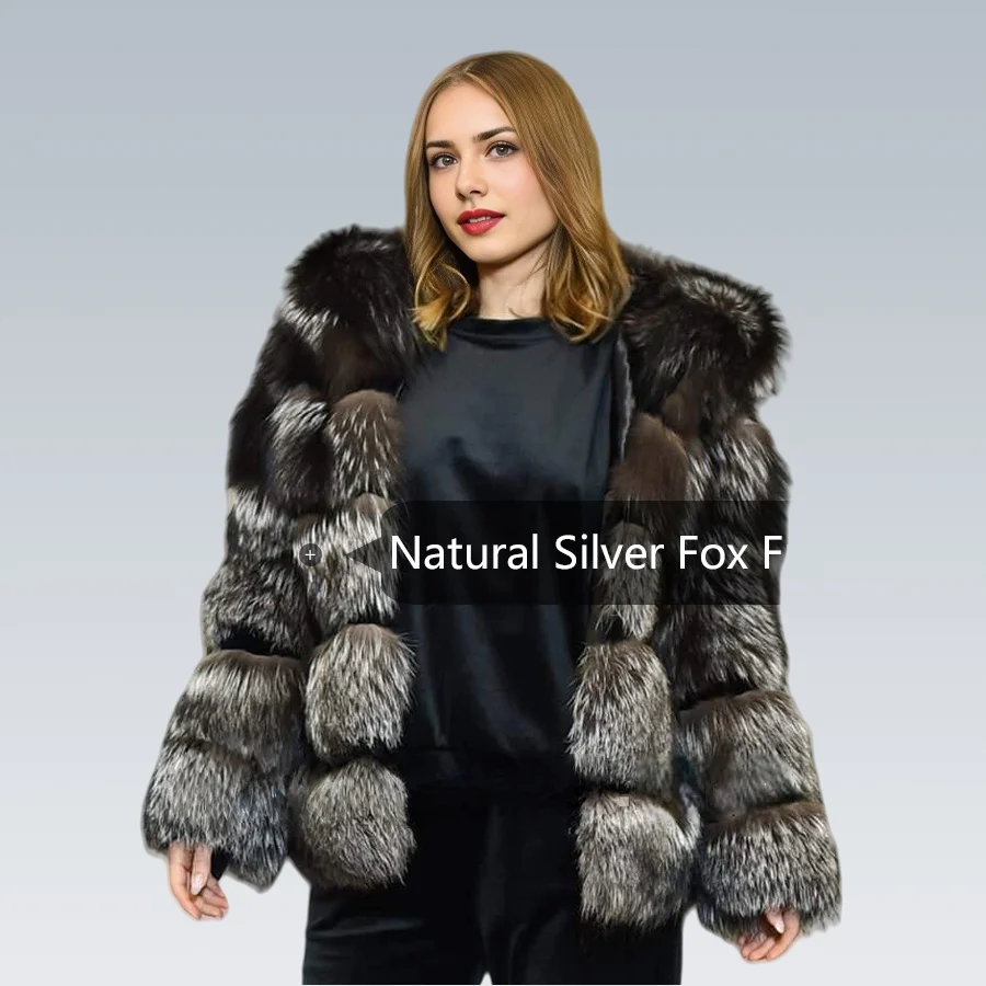سترة فرو الثعلب الفضي الحقيقي مع غطاء محرك السيارة معطف الفرو الطبيعي اقتصاص سترة فرو الثعلب نمط جديد الخريف الشتاء ملابس خارجية الفراء الحقيقي