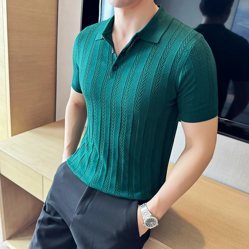 Men Business Casual Pure Color Polo Shirt with Human Word Woven Thin Stripe Short Sleeve Sweater.Stretchable Breathable T-shirt.