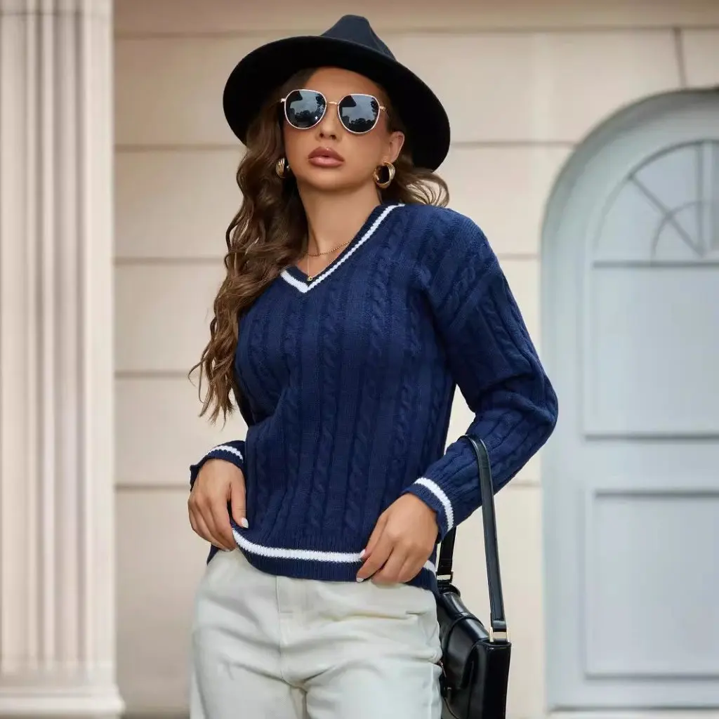 

Women's V-neck Pullover Long-sleeved Sweater Temperament White Cuff Knitted Top Fashion Twist Thread