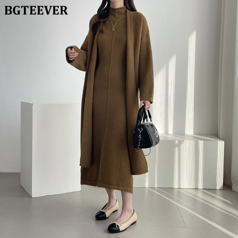 

BGTEEVER Autumn Winter Elegant Women 2 Pieces Knitted Dress Set Long Sleeve Sweater Cardigans & Sleeveless Turtleneck Vest Dress