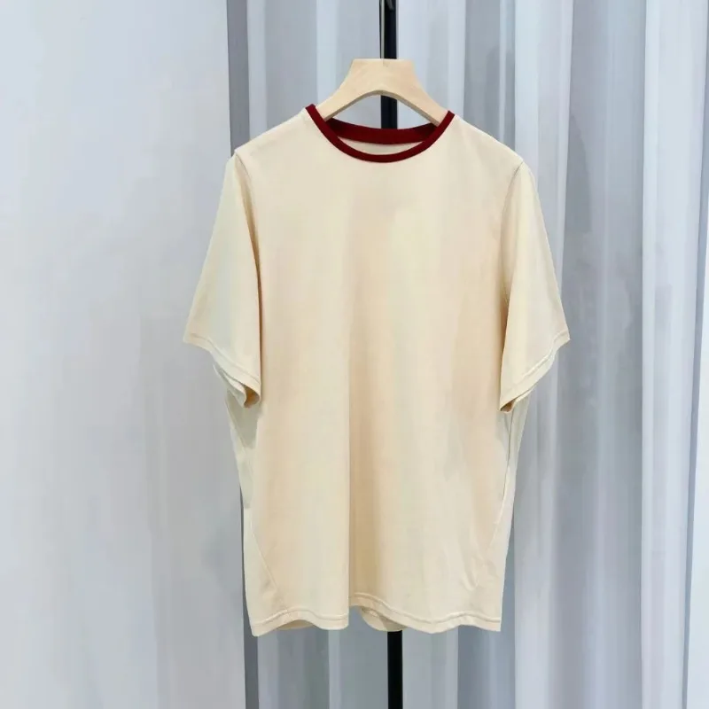 2023 Summer New Nordic Niche Sand Color Cotton Twist Stitch Red Collar Loose Short-sleeved T-shirt Women Tops