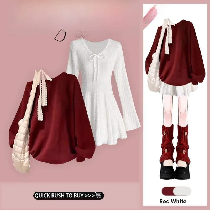 

Red Soft Cozy oulder Bared Knitted Sweater Women's Autumn Winter Loose Fit Top Bot Set High End Feeling Long Sve Dr