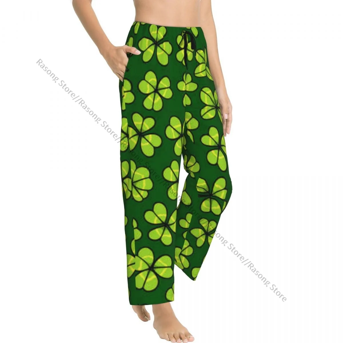 Warm Women Pajama Pants Clover Leaves Pattern Flannel Sleep Bottoms Soft Fleece Loungewear