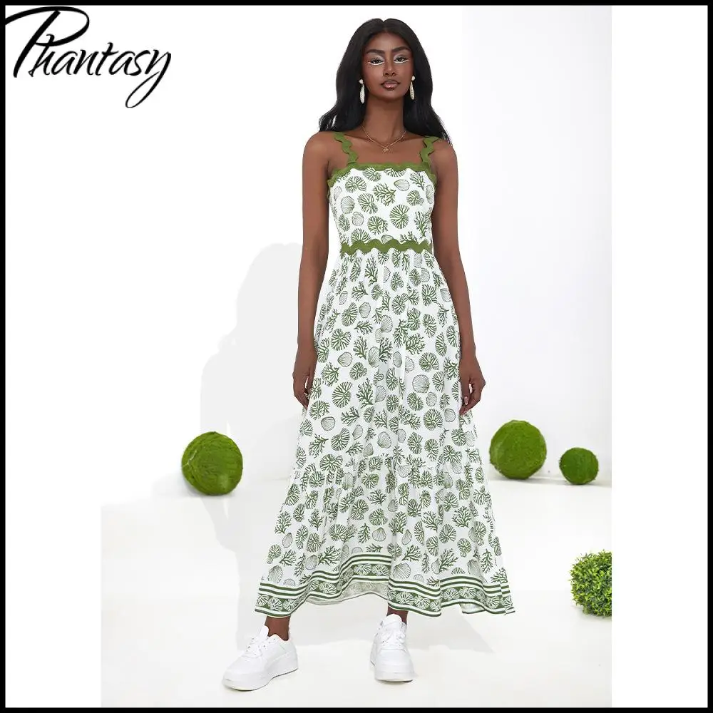 

Элегантное длинное платье Phantasy Fashion с зеленым принтом, женское, с завышенной талией, в богемном пляжном стиле, уличная одежда, летняя коллекция 2026