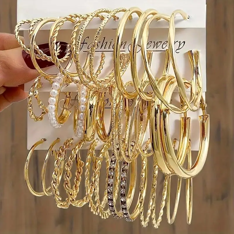 6/18 Pairs C-Shaped Hoop Earrings Multipack, Versatile Twisted Hoops, Imitation Pearl Hoops, Alloy Jewelry for Everyday Wear