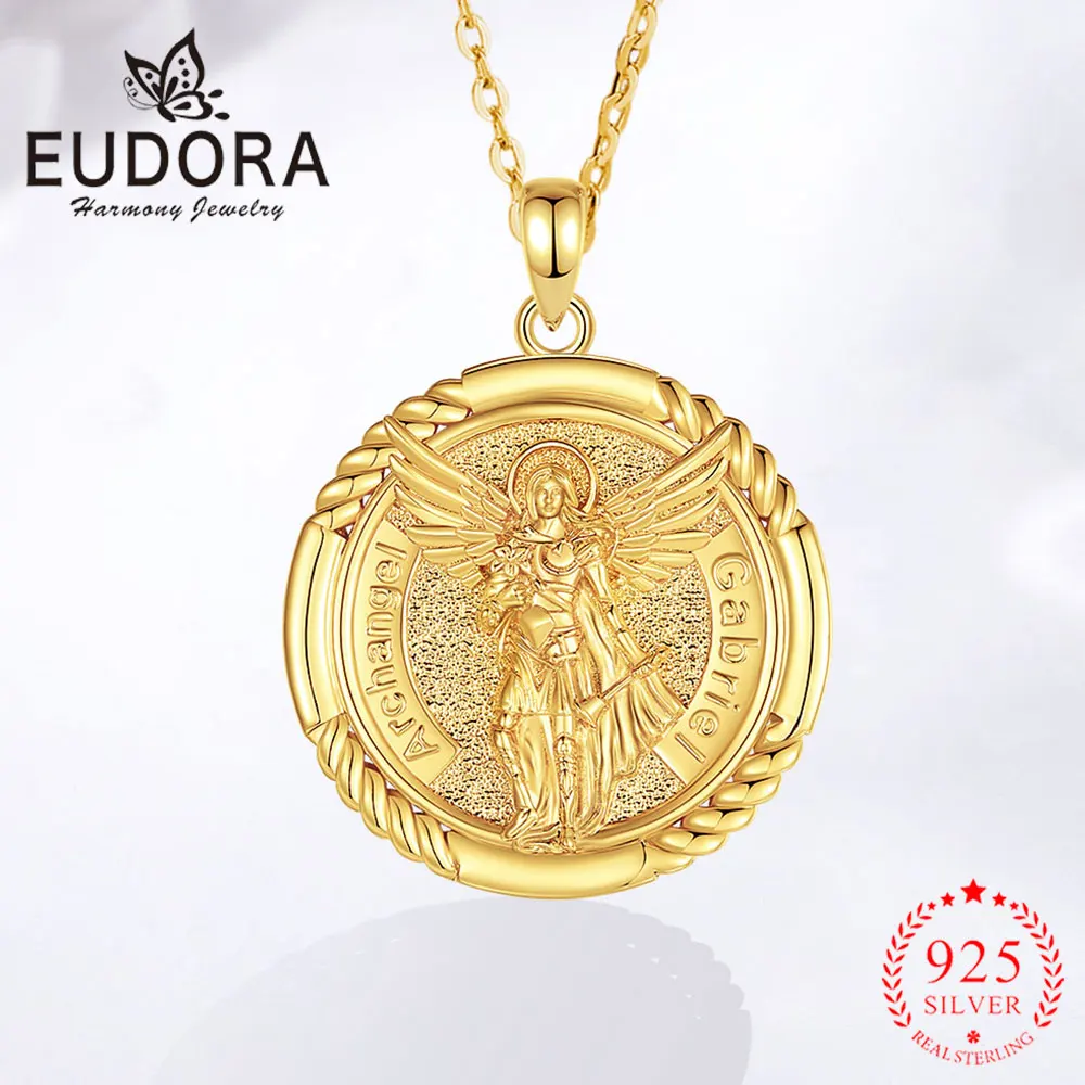Eudora Saint Gabriel Necklace 925 Sterling Silver Archangel Amulet Medal Pendant Religious Jewelry Festival Gift for Men Women 