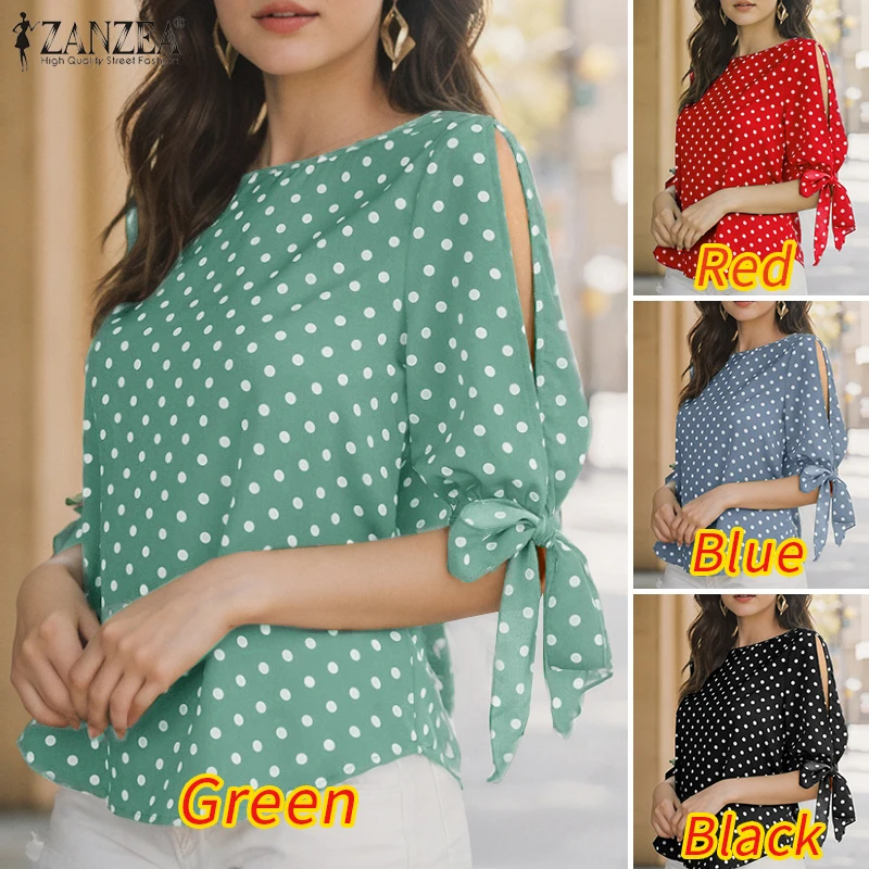 ZANZEA Damenmode Polka Dot Blusen O-Ausschnitt Gebundene Schlitzmanschetten Halbarm Elegante Tops Sommer Casual Alltagskleidung Blusas Mujer – Detail 6