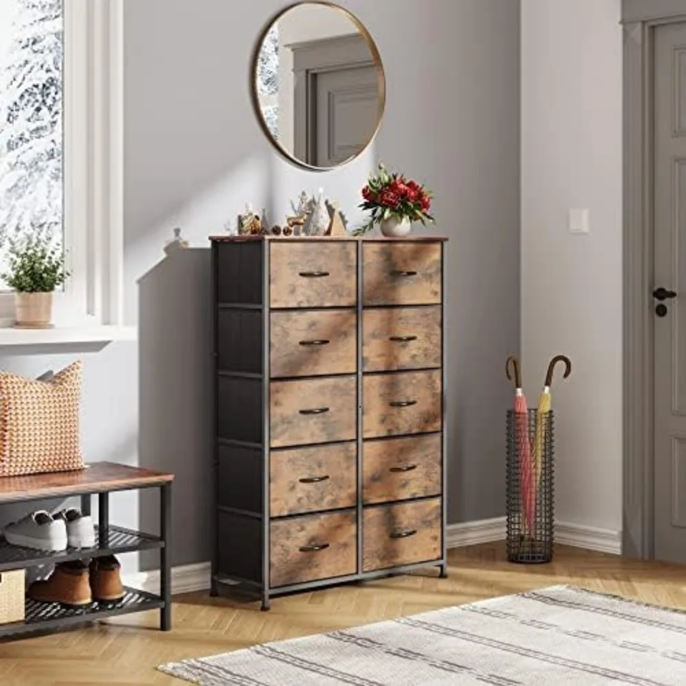 

Tall Dresser for Bedroom with 10 Drawers, Chest of Drawers, Dressers Bedroom Furniture, Storage Organizer Unit with Fabric Bins