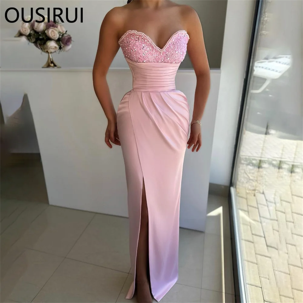 

OUSIRUI Strapless Satin Beaded Squins Pleated Prom Dresses Backless Sheath Long Formal Prom Gown with Slit vestidos de festa