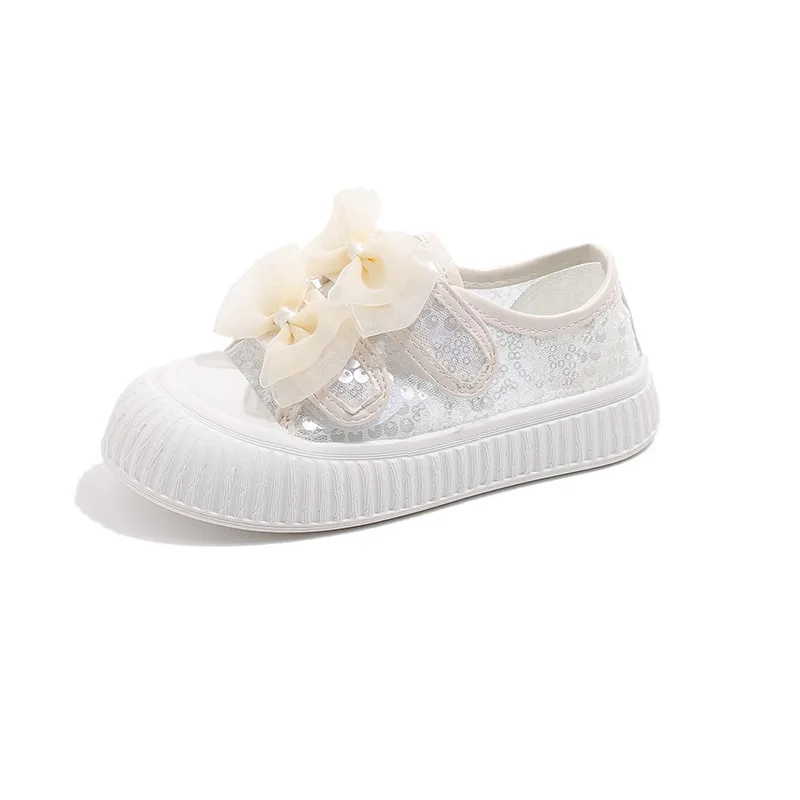 Girls\' Casual Flat Shoes 2024 Summer New Children Versatile Bow Princess Shoes Kids Cute Sweet Mesh Tennis Shoes with Sequins