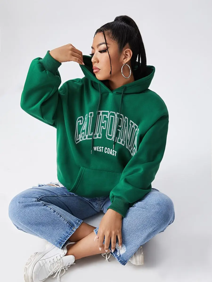 

Oversized Green Letter Graphic Hoodie with Pocket and Drawstring for Women
