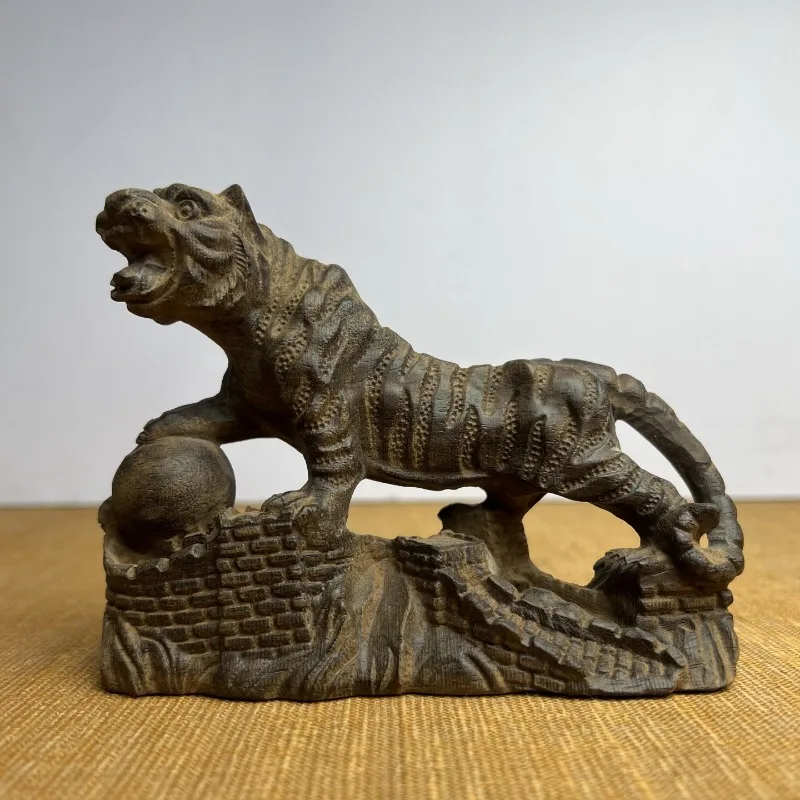 

Hand-Carved Agarwood Tiger Statue - 5.9"x1.6"x3.9" Wood Zodiac Animal Sculpture, Feng Shui Decor for Home Office Desktop