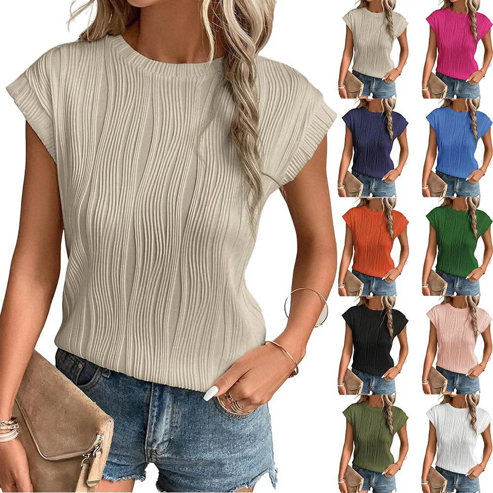 2024 New Summer Women's Fashion and Elegance Casual Commuting Round Neck Short Sleeve Textured T-shirt Top for Women