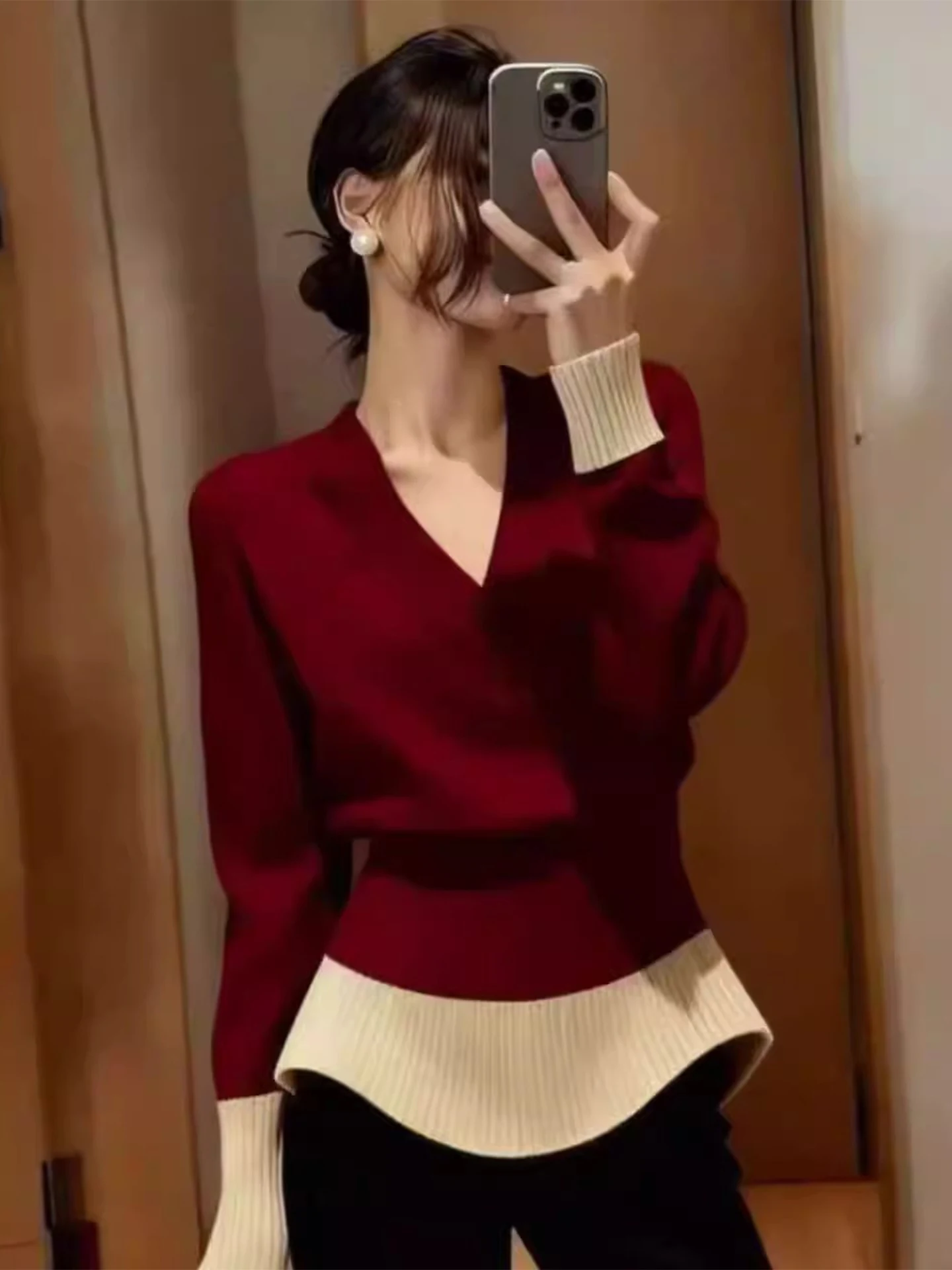 

Ele Color Blo V-Ne Irregular Hem Knitwear Women's Early Spring Retro Slimming Top Korean Sle Long Sve Warmth