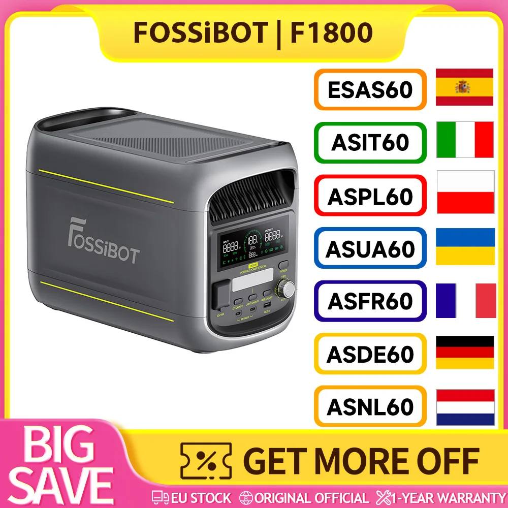 Station d'alimentation portable FOSSiBOT F1800, 1024Wh LiFePO4, contrôlée par application, sortie AC 1800W, charge sola…