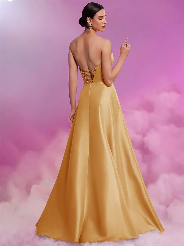 Vestido de noche de satén con manga de volantes dorados de lujo, vestido elegante sin mangas con escote en V profundo para mujer, vestido largo para fiesta de graduación