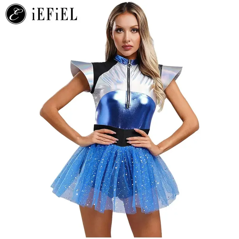 

Woman's Outerspace Astronaut Alien Robot Cosplay Costume Metallic Cap Sleeve Tutu Dance Dress for Carnival Festival Halloween