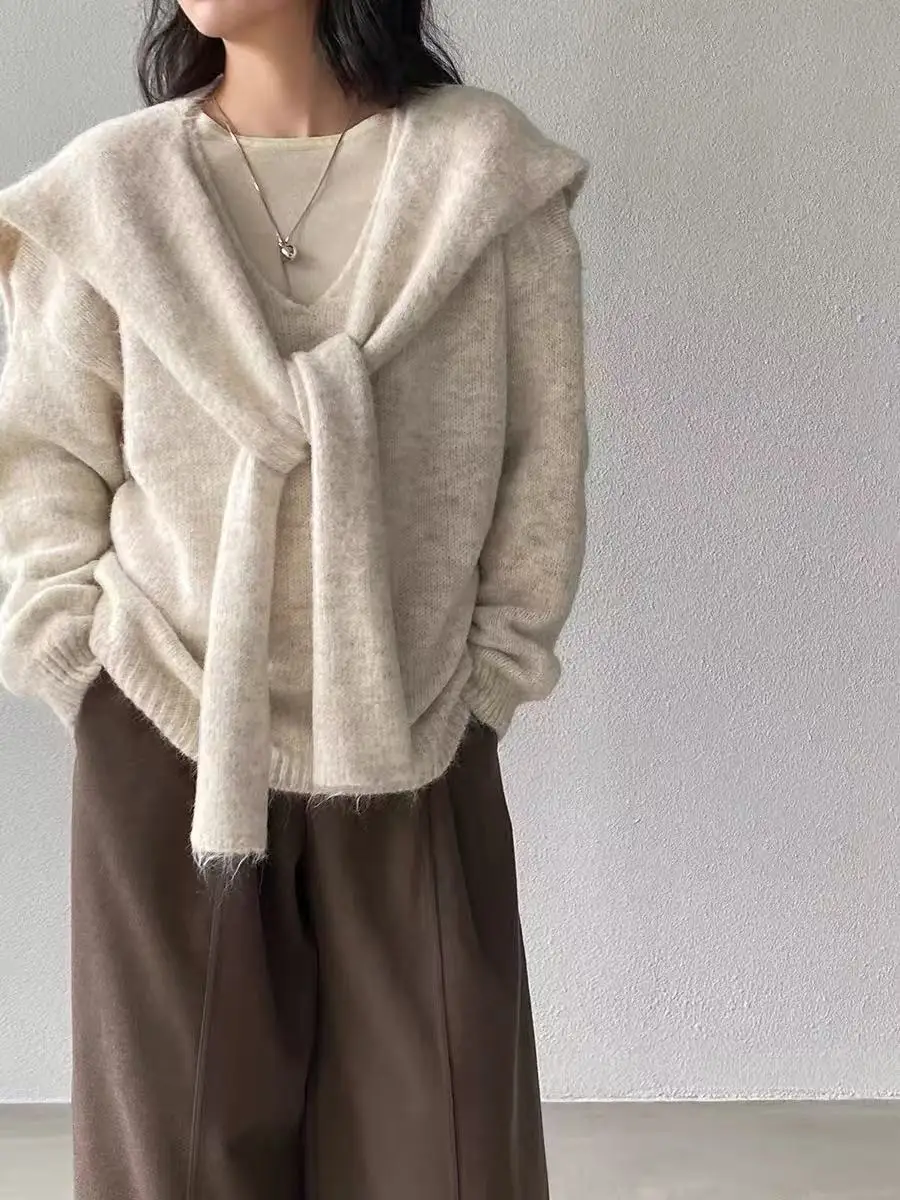 2026 Herbst Winter Mode Koreanische Pullover Damen Langarm Locker Sitzender Strickpullover mit Schalkragen Einfarbige Vintage-Pullover
