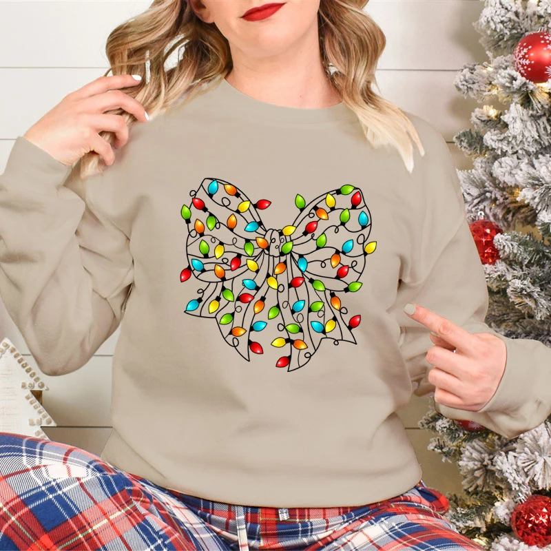 Women\'s Sweat-shirt Christmas Bow Light Design Autumn Thin Sweatshirt Girls Christmas Bow Gift Holiday Neon Light Premium Hoodie