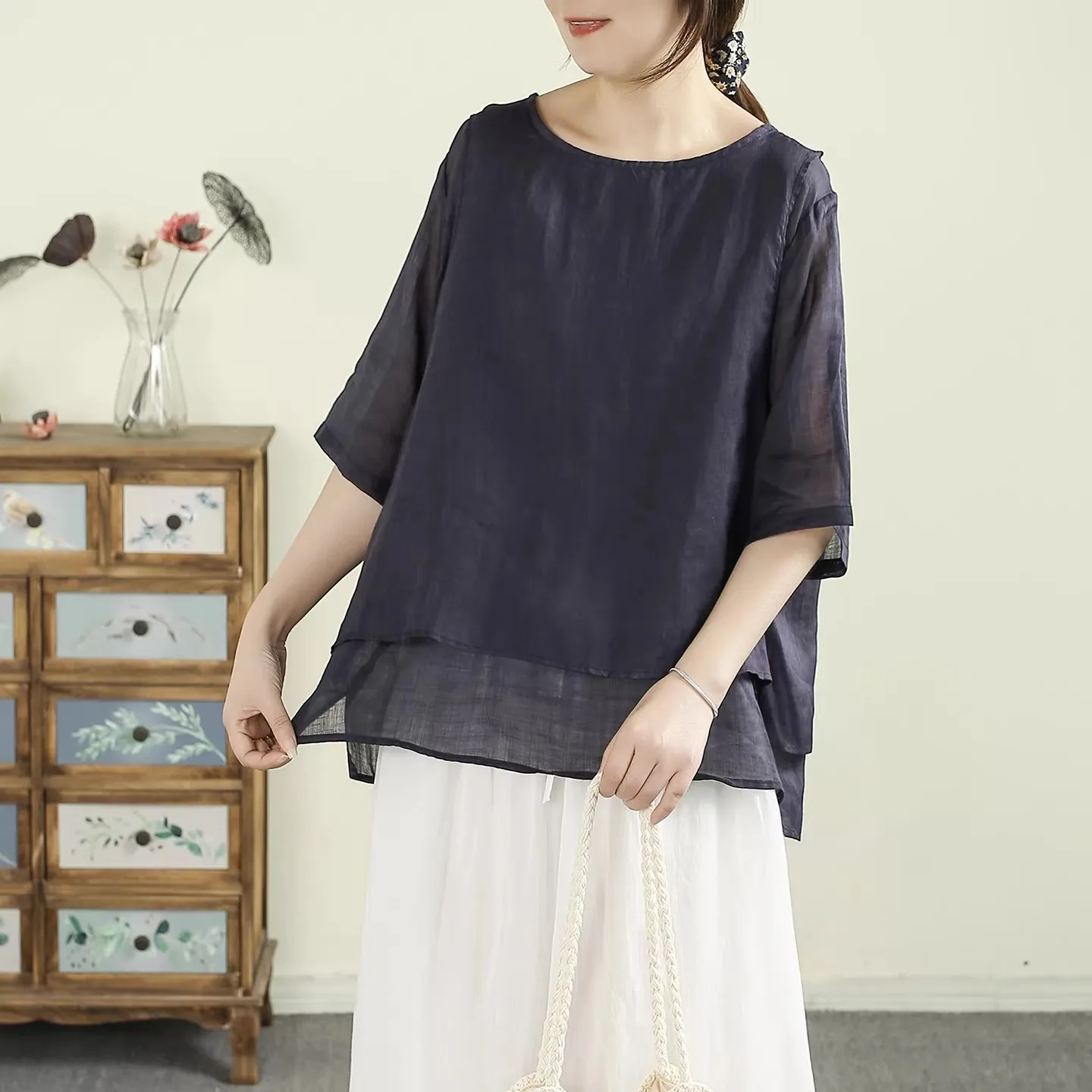 

Ретро-рубашка из хлопка и льна с круглым вырезом, двухслойная, свободного кроя, стройнящая, цветная, в повседневном стиле, женская летняя новинка, топ