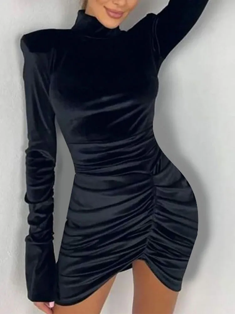 تنورة قصيرة ذات رقبة عالية وأكمام طويلة ووسادة كتف مطوية، تنورة حفلات عصرية للفتيات من جلد الغزال #3