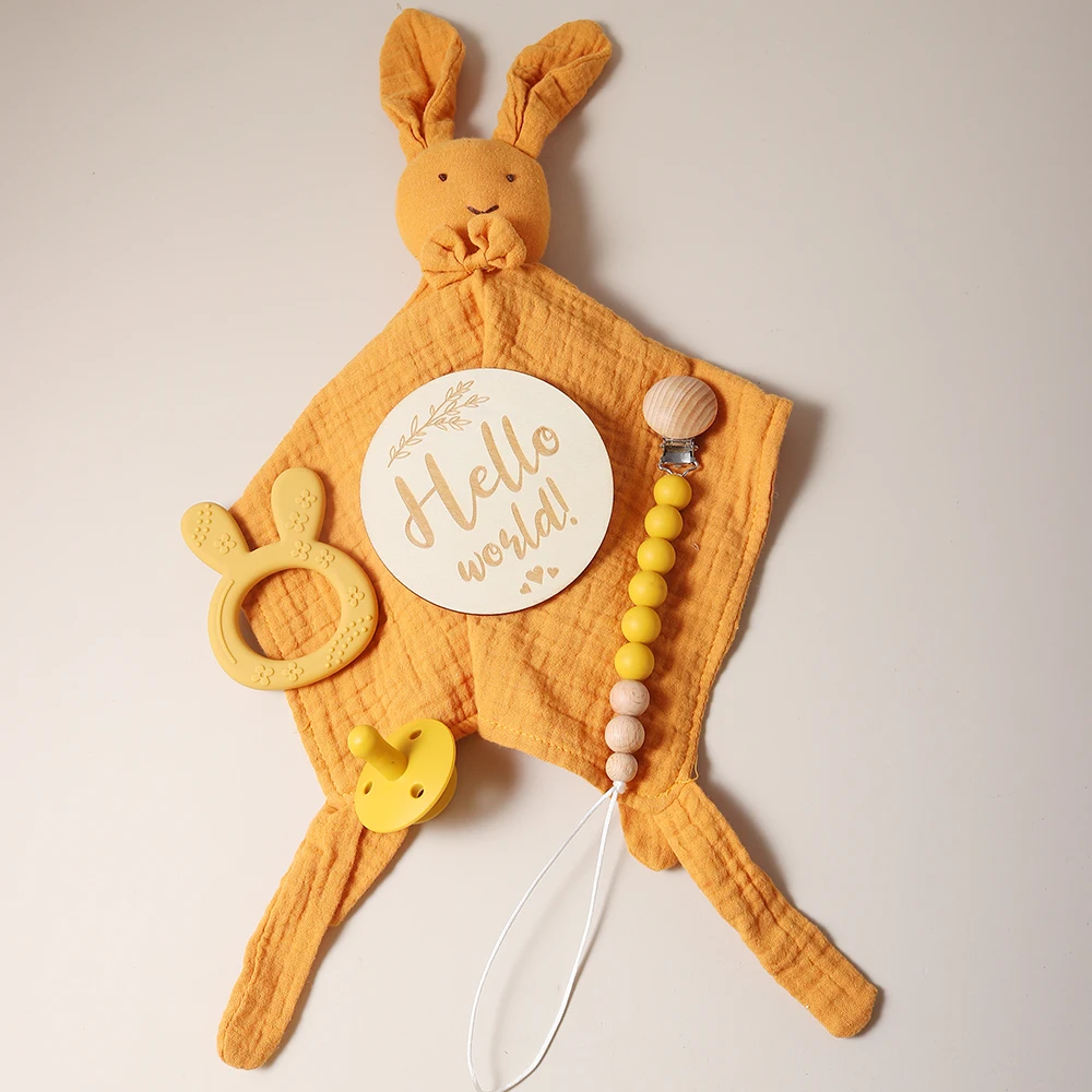 new 100% muslin cotton baby bunny comforting towel silicone bunny teether set pacifier chain