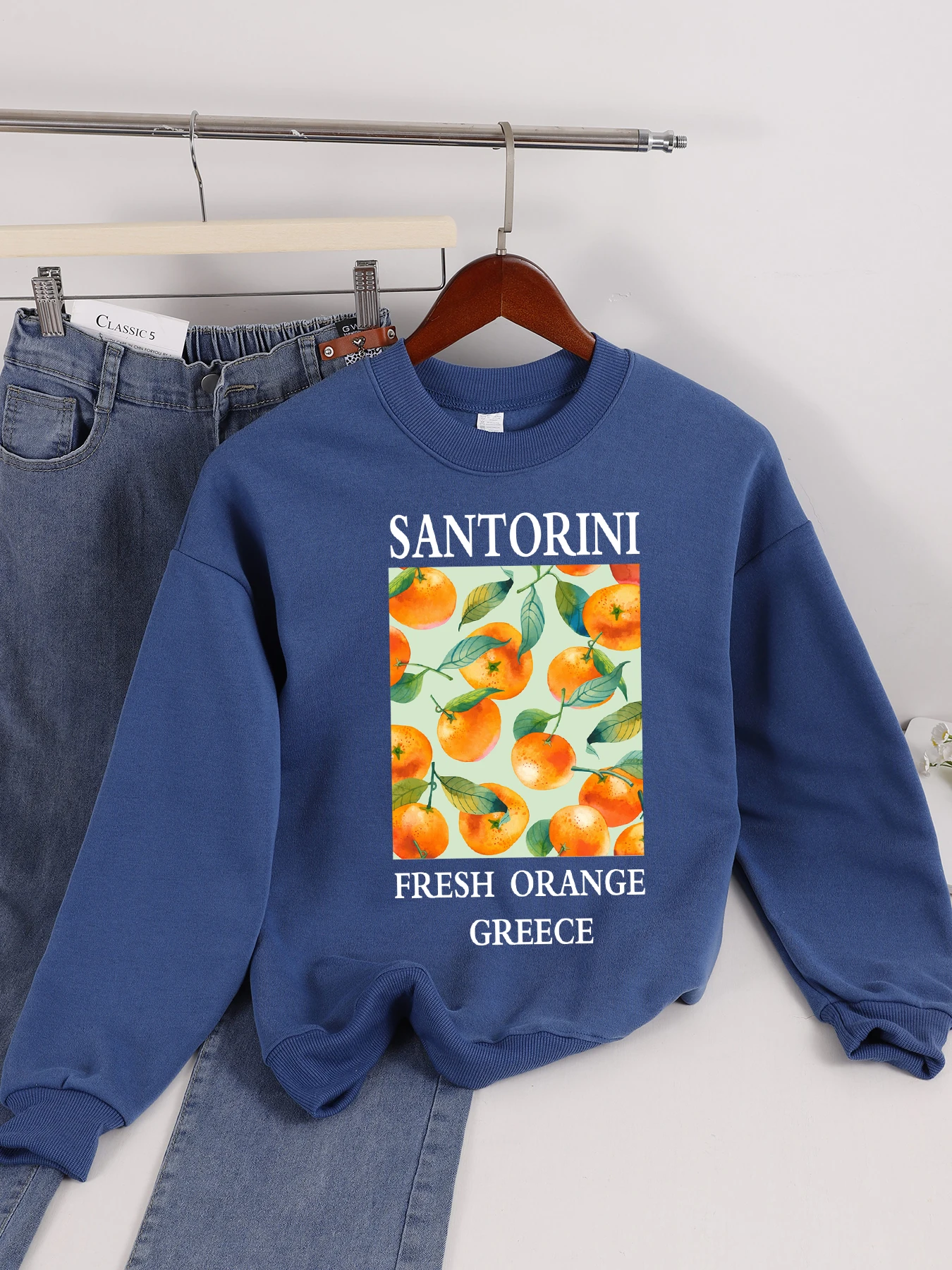 Santorini Frisse Oranje Griekenland Print Dames Streetwear Crewneck Zacht Sweatshirt Fleece Y2K Kleding Losse Comfortabele Trui