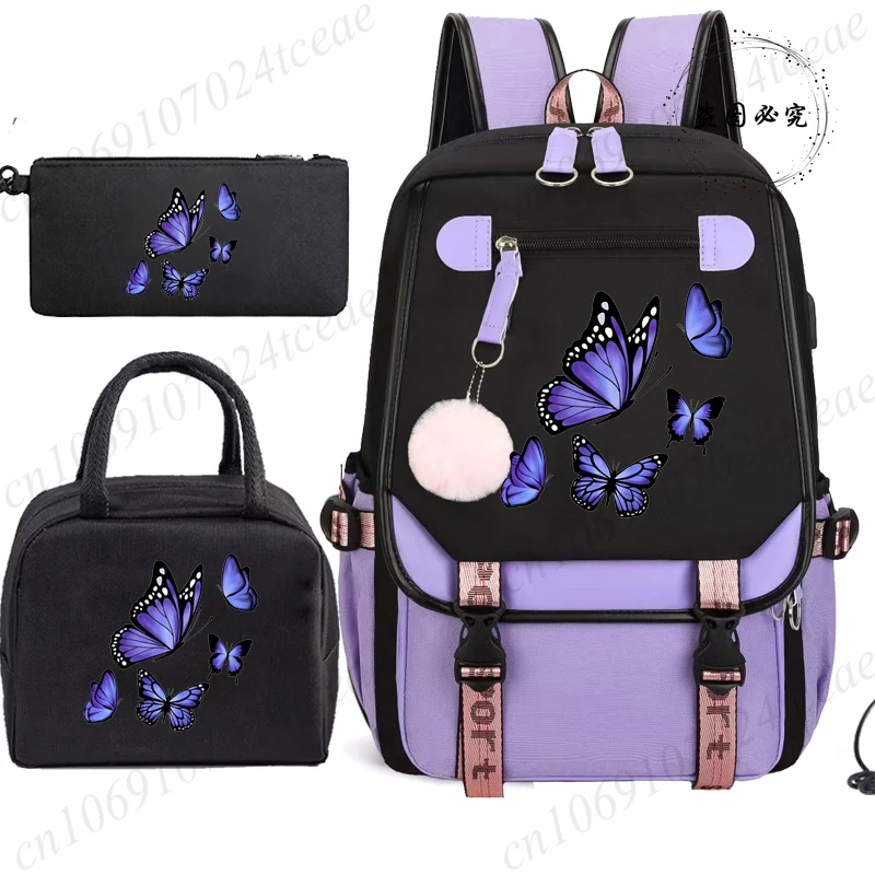 

College Student Rucksack Fashion Casual Book Bags Nylon with Pen Lunch Bags Watercolor Butterfly Large Capacity for Teen Girls