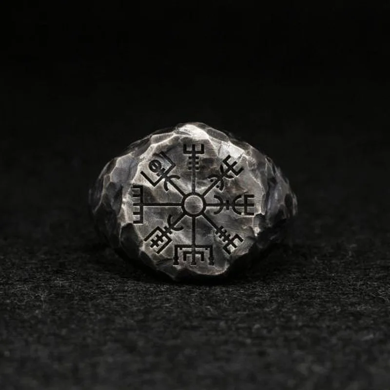 Viking Rune Symbol Rings for Women Men Vintage Compass Stone Meditation Ring Trendy Jewelry Gifts Open Ring Adjustable