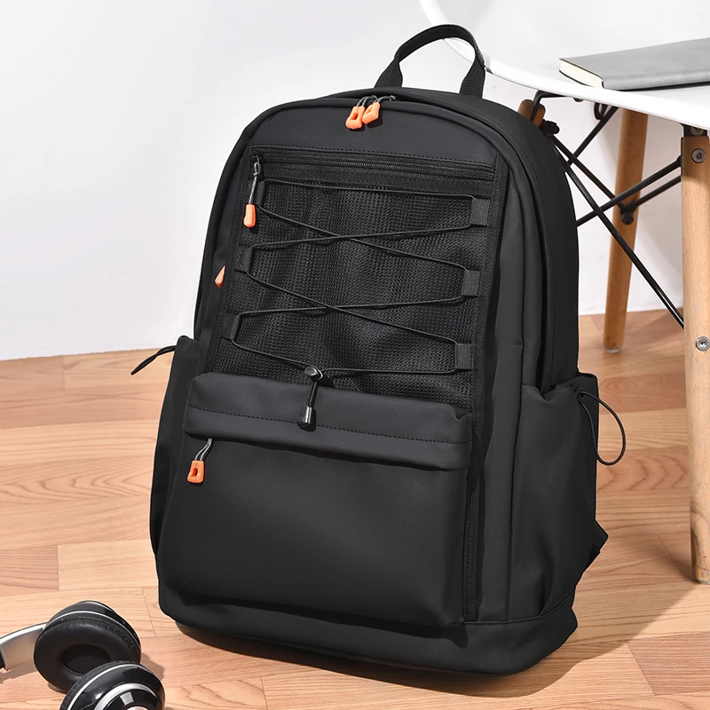 Mens Gray Fashion Backpack Multi pocket Sporty Rucksack Durable Laptop Bag with Orange Accents