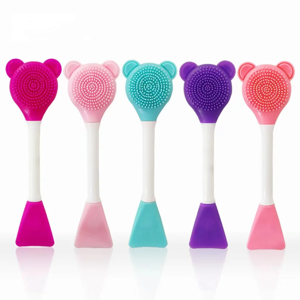 15cm silicone bear skin care beauty makeup brush, DIY facial mask spatula, double head silicone nose brush colorful bag