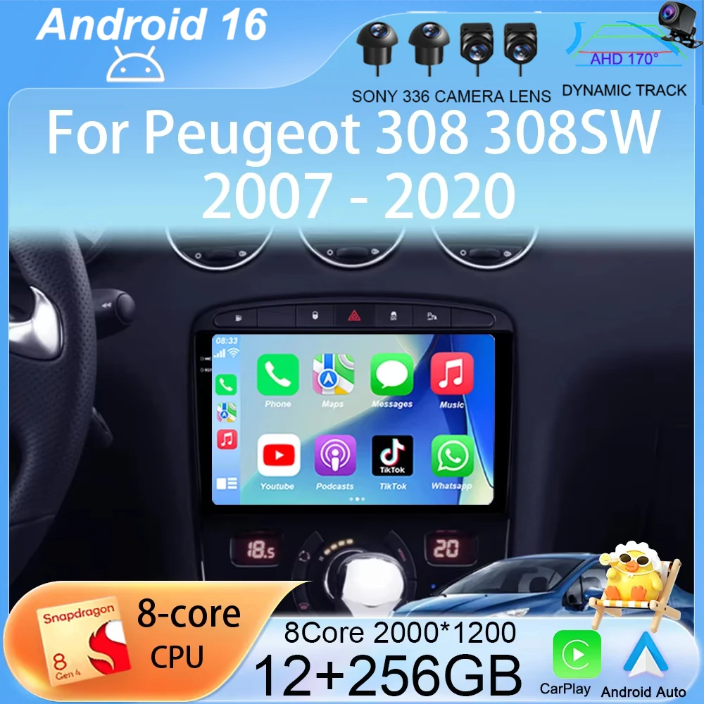 

Carplay Auto Android 16 For Peugeot 308 308SW 2007-2015 408 2012-2020 GPS Car Radio Multimedia Video Player Stereo WIFI+4G DSP