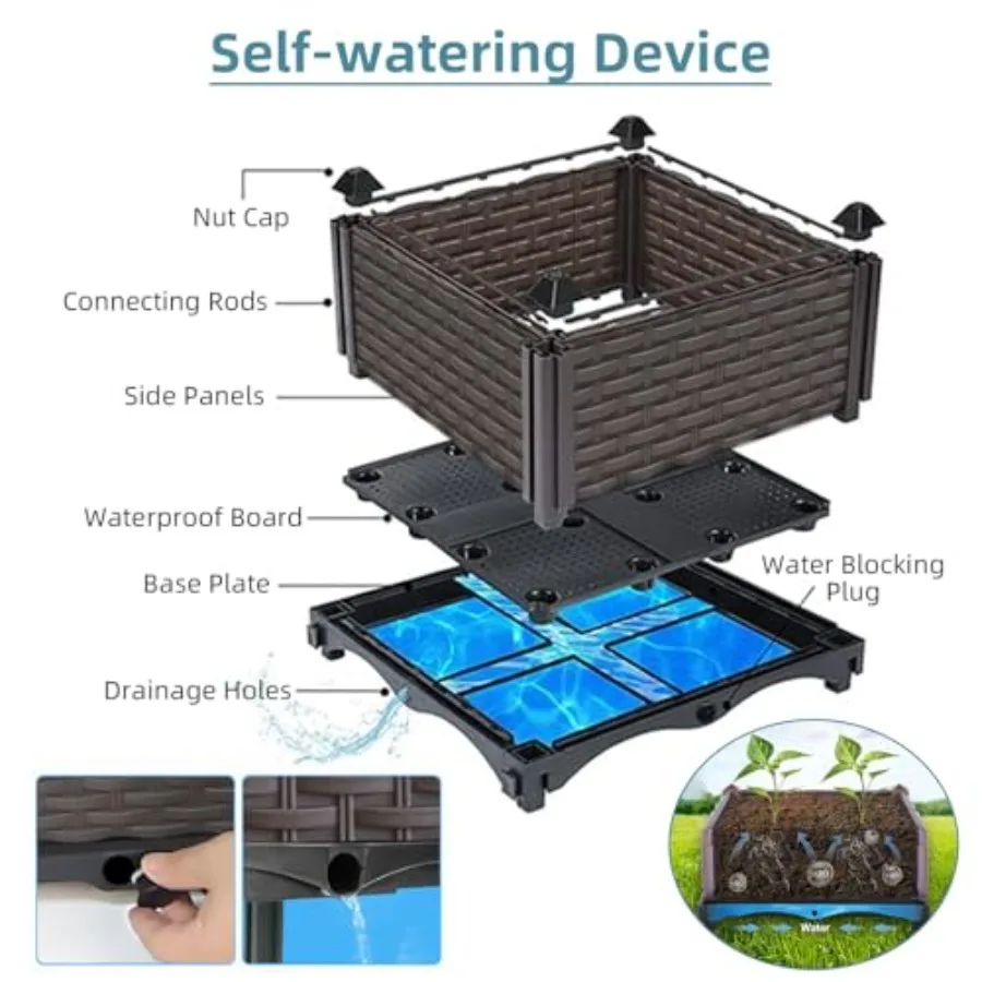 Outdoor self-watering raised planter box for patio, balcony, deck; cedar wood; natural brown; deep 19.7-inch height with draina view 4