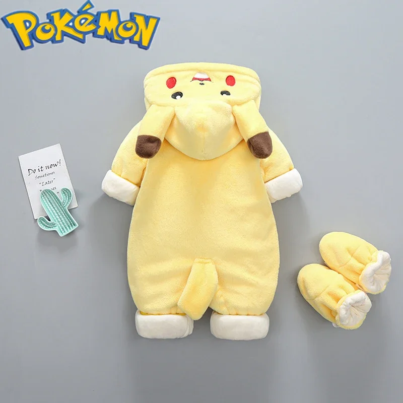 Pokemon Pikachu children\'s one-piece clothes winter baby out warm plus velvet Kawaii Japanese animation around birthday gift