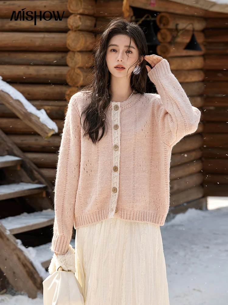 MISHOW Wool Blend Cardigan Pink Sweater 2024 Autumn Winter Women Clothes Sweet Top Knitted Sweater Outerwears MXD56Z1064