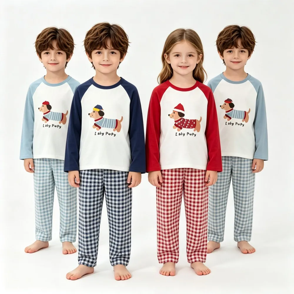 Children Soft Modal Loungewear Set Cartoon Dog Graphic Long‑Sleeve T‑Shirt Plaid Pants 2pcs Clothing Set Kids Night Sleep Outfit