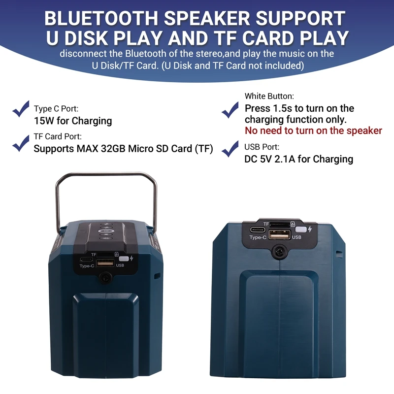 Bluetooth Speaker For Makita 18V Battery Portable Cordless Speaker With USB&Type-C TF Card Port For Camping & Partie