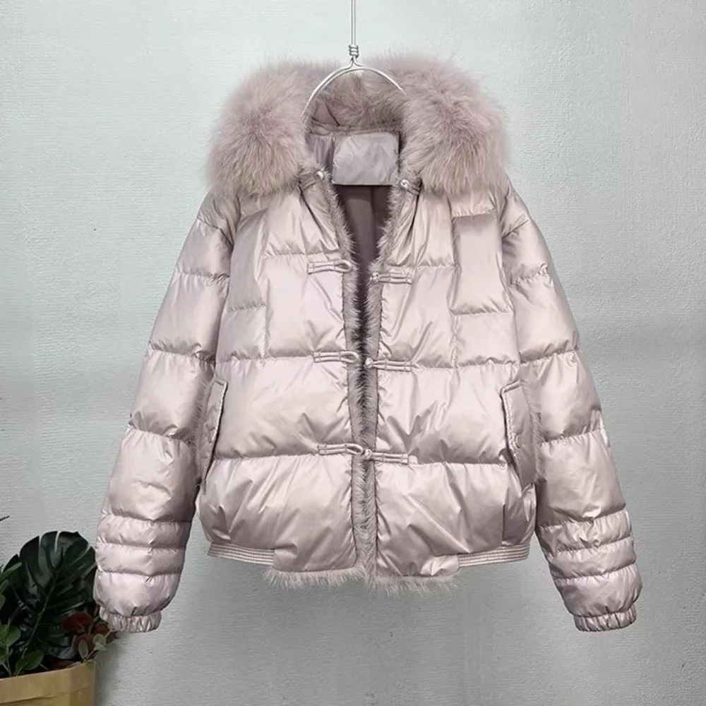 Loose Jacket Female Parka Outerwear Vintage White Duck Down Real Fox Fur Jacket 2024 Ladies Winter Women Short Warm Puffer Coat