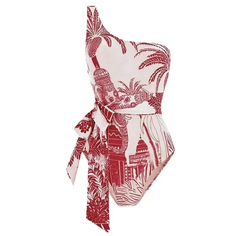 Conjunto de traje de baño de una pieza para mujer, estampado de árbol de coco, correa para un solo hombro, estilo popular, nuevo, 2024