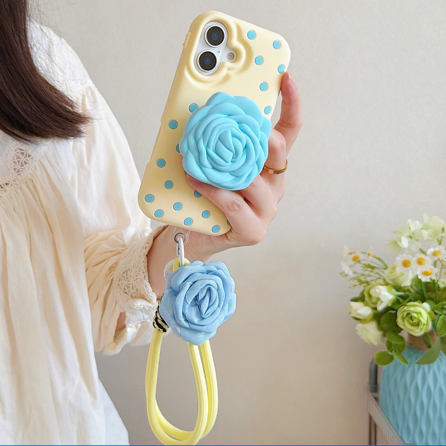 Cute 3D Rose Polka Dot Silicone Phone Case with Wrist Lanyard & Pop Socket, Protective Cover for iPhone 17 16 15 14 13 Pro Max