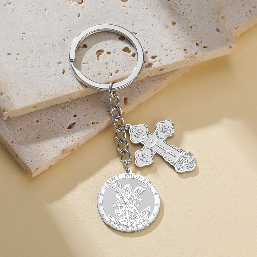 Dawapara Orthodoxes Kreuz und Heiliger Michael Anhänger Schlüsselanhänger Religiöses Gebet Erzengel Christlicher Talisman Edelstahl Schlüsselring – Detail 10