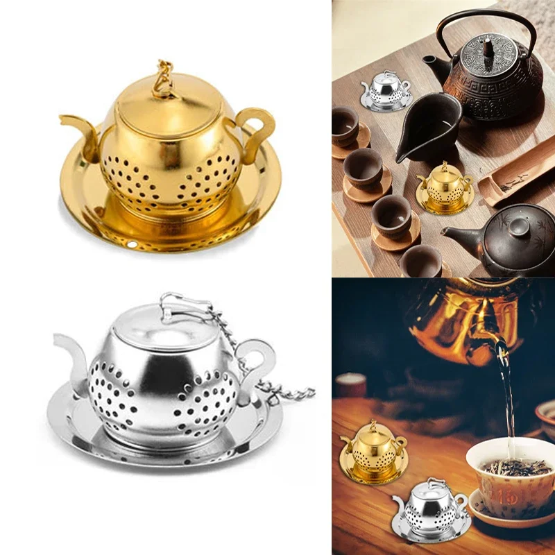 Tea Strainer Teapot Shape Loose Tea Infuser Stainless Steel Leaf Tea Maker Strainer Chain Drip Tray Herbal Spice Filter WithDish