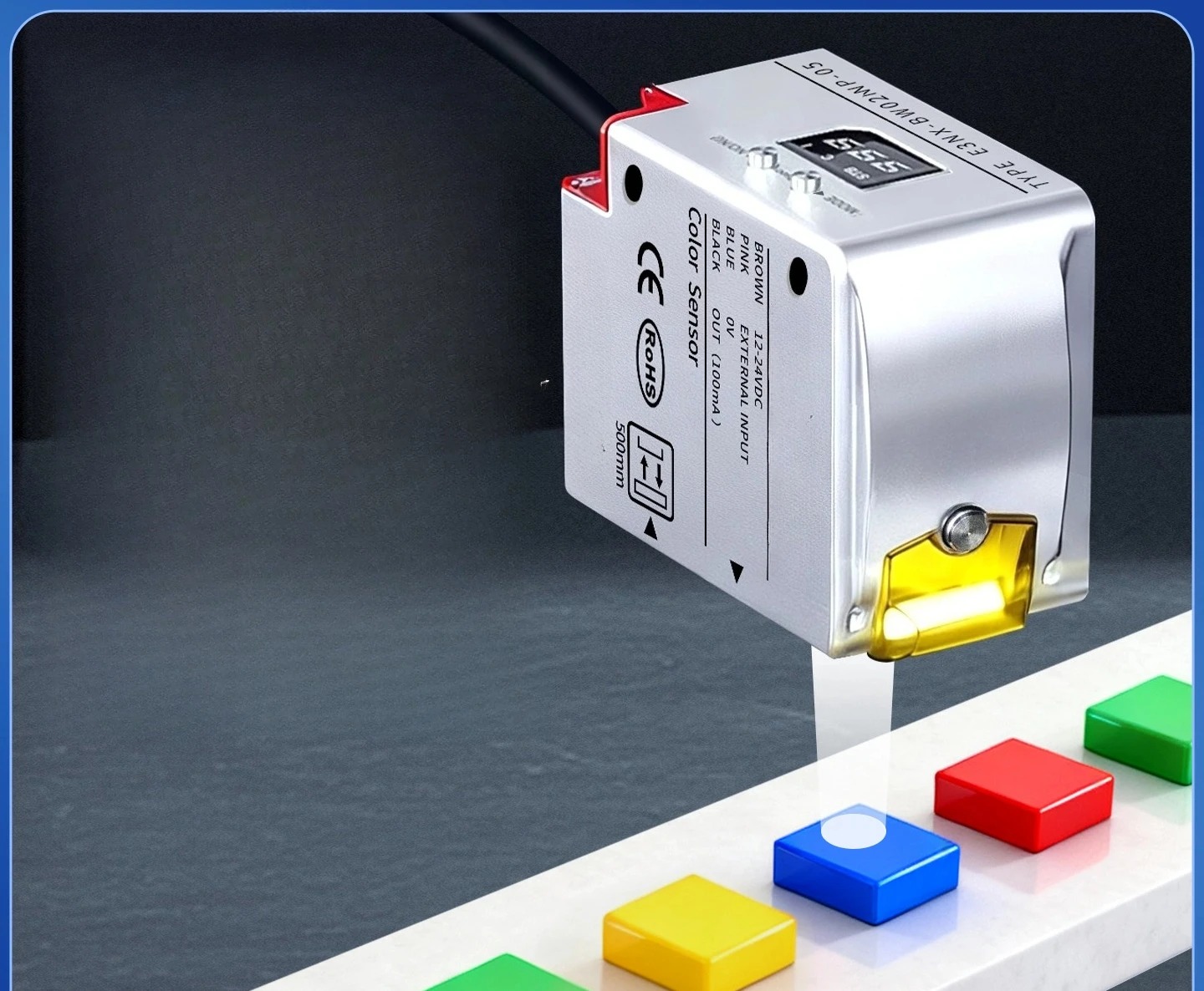 50-500mm Long Range Color Detection Photoelectric Sensor Color Mark Switch For Packaging Color Separation Positioning