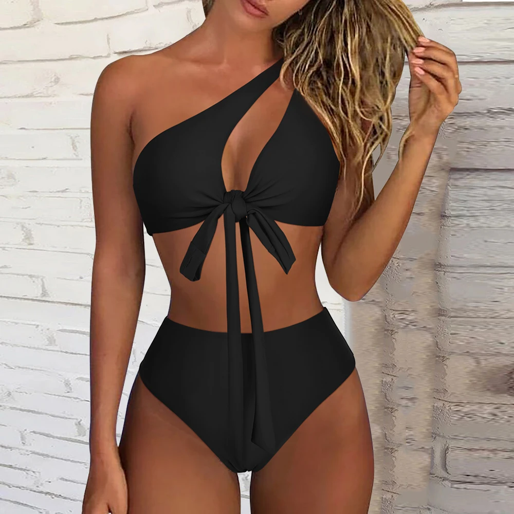 Conjunto de Bikini de un hombro para mujer, bañador de cintura alta, trajes de baño sólidos, Bikini entrecruzado con Push-Up para mujer 2024